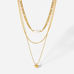 Choker Fashion 18K Gold Plated Stainless Steel Three Layers Pendant Necklace Figaro Chain Natural Freshwater Pearl Heart Women