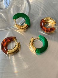 Stud Earrings Emerald Amber Round Ring High-Grade Light Luxury Unique Ear Clip Retro Temperament Simple Bracelet