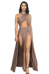 Women Sexy Party Dresses Hollow Out Halter Wrap Sleeveless Plain Pleated Slit Casual Long Maxi Dress