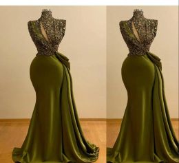 2023 Verde oliva Sirena Abiti da sera Paillettes Senza maniche Designer Collo alto Sweep Train Custom Made Abiti da cerimonia formale Abiti da ballo arabi
