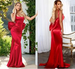 Dark Red Prom Dresses for Women Plus Size Elegant Spaghetti Straps Sleeveless Floor Length Big Back Bow Backless Formal Wear Evening Gowns Pageant Celebrity Gowns