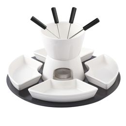 White Porcelain Chocolate Fondue Serving Set Cheese Tools with 4 Plates 4 Forks and 1 Wooden Pallet Melting Pot for Butter Tapas
