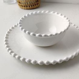 Plates White Beaded Ceramic Plate Nordic Modern Steak Pasta Dinner Fruit Salad Bowl Breakfast Dessert Dishes Home Decoration