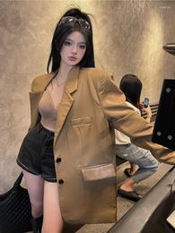 Women's Leather Nicemix Khaki Pu Jacket Women Long-sleeved Blazer Coat Female 2022 High Street Oversize Pad Shoulder Suit