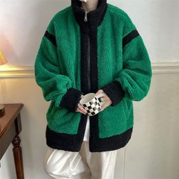 Lamb Wool Polar Fleece Contrast Color Jacket Men's Winter Loose Coat Turn Down Collar Male Zippers Outerwear
