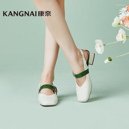 Dress Shoes Kangnai Pump Sandals Women Genuine Leather Cover Toe Belt Buckle Slingback Elegant Female Summer