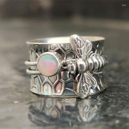 Cluster Rings Fashion Silver Plated Opal Bee Ring Women Meditation Wedding Band For Female Party Jewellery Gifts Her