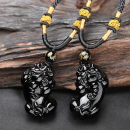 Pendant Necklaces Drop Natural Black Obsidian Carved Buddha PIXIU Animal Lucky Amulet Necklace For Women Men Pendants Jewellery