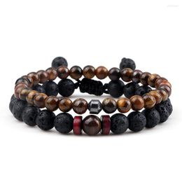 Strand 2pcs/set Men Bracelets Natural Tiger Eye Stone Black Lava Beads Bracelet Handmade Adjustable Bangles Women Yoga Jewellery