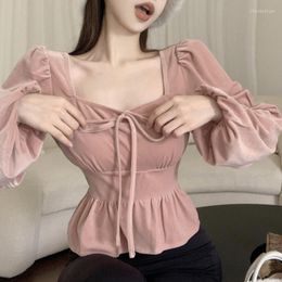 Women's T Shirts Korean Lace-up Pleated Casual Long-sleeved Shirt Women 2023 Spring Square Collar Slim Sweet Pink Velvet Crop Tops