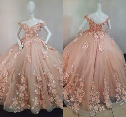 2023 Fashion Light Pink Quinceanera Dresses 3D Flowers Pearls Lace Applique Off The Shoulder Ball Gown Party Evening Dress Formal Sweet 15 Girls