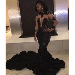 Cascading Ruffles Black Lace Appliques Prom Sheer Mermaid Long Sleeves Illusion Bodices Evening Dresses Vintage Gowns 328 328