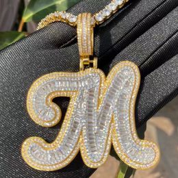 Gold Silver A-Z Full Bling Baguette CZ Custom Cursive Letters Pendant Necklace Fashion Men Women Hiphop Jewelry