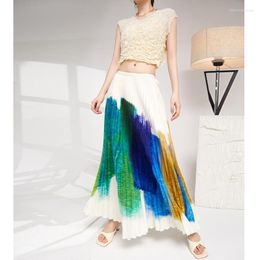 Skirts High Waist Pleated Skirt Women Summer 2022 Fashion Printed Stretch Loose Miyake Casual Long Ankle Length