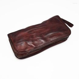 Wallets 2022 Fashion Retro Men's Handmade Cowhide Hand Bag Genuine Leather Wallet Multi-function Large Capacity