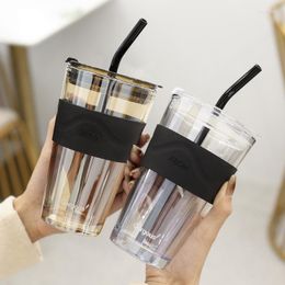 Wine Glasses Drinking Reusable Cups With Lid And Straws Wide Mouth Bubble Tea Cup Travel Mug Glass Tumbler
