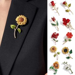 Creative Flower Brooch Pin Women Shiny Rhinestone Sunflower Rose Brooches Female Dress Clothes Suit Scarf Clip Jewelry Gift