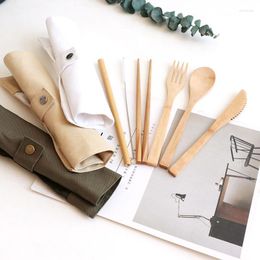 Dinnerware Sets 6Pcs Wood Cutlery Set Chopsticks Knife Fork Spoon Portable Tableware With Straw Storage Bag Students Lunch Gadget