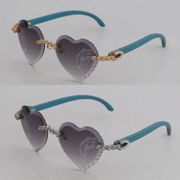 Moissanite Diamond Set Rimless Wooden Sunglasses for Women 3524012 Blue Wood glasses Men Carved Angled Tniangle lens Designer Rocks glasses lenses Size 56