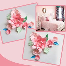 Decorative Flowers DIY Large Paper Artificial Wedding Fleurs Artificielles Backdrop Rose 6PCS 5 Leave Bedroom Wall Deco Pink