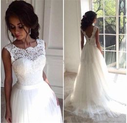 High Neckline Sleeveless A-line Applique Beach Bridal Gowns Corset Back Dress For Wedding vestidos de novia gauze dress