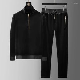 Men's Tracksuits Minglu Winter Add Velvet Sport Casual Men's Sets Pleuche Stand Collar Zipper Black Male Sweatshirts Elastic Waistband