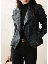 Women's Jackets Navy Blue Woolen Coat Women Autumn Winter Outfits Korean Fashion Style Zipper Turn Down Collar Jacket Plaid All Match