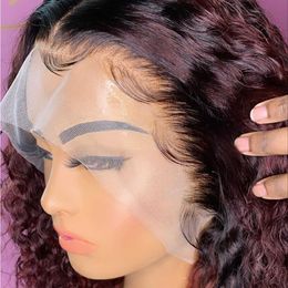 Lace Wigs Deep Wave Frontal Hd Transparent Curly Human Hair Brazilian for Women Red Water 99j Burgundy Front 221212