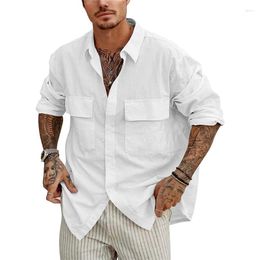 Men's Casual Shirts Men Cotton Linen Shirt Solid Color Long Sleeve Cardigan Male Loose Button Down Tops With Breast Pockets Fall