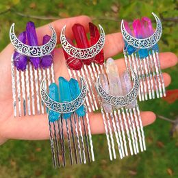 Handmade Crystal Witch Crown Hair Accessories Multicolored Natural Crystal Headwear Moon Princess Bridal Headband Hair comb