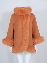 OFTBUY Real Fur Coat Winter Jacket Women Natural Fox Fur Collar Cashmere Wool Woollen Ladies Outerwear Streetwear Fashion