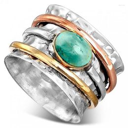 Cluster Rings Vintage Plated Two Tone Green Natural Stone Wide Ring For Women Boho Party Statement Fashion Jewellery Gift