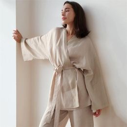 Ethnic Clothing 2022 Spring Kimono Cotton Linen Cardigan With Belt Long-sleeved Pajama Sets Japanese Yukata Sleepwear Women's Suits Home