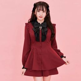 Women's Tracksuits Women's Shorts Suit Japanese Style Long Sleeve Shirt Sweet Lace Bow Two Piece Set Fashion Top And