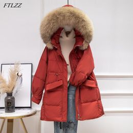 Women's Down & Parkas FTLZZ Winter Large Natural Real Fur Collar Hooded Feather Jacket Women Horn Buckle Coat High Waist Slim Warm Thick Out