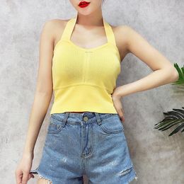 Women's Tanks ALPHALMODA 2022 Backless Halter Neck Summer Knitted Tank Top Solid Color Short Style Women Holiday Vest