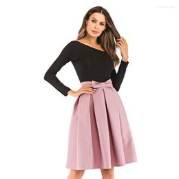 Skirts Fanco Causual Bow Pleated Women Skater Knee Length Summer High Waist Ladies Solid Black Ball Gown Saia