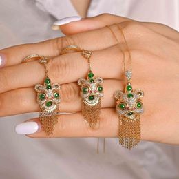 Link Bracelets Vintage Imitation Jasper Xingshi Necklace Emerald Pendant Open Ring Tassel Earrings Set