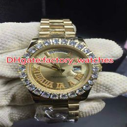 Prong set diamonds bezel watch automatic mens luxury gold 42mm case gold dial Roman markers date Gold Big diamond watches231C