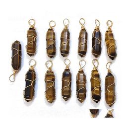 Arts And Crafts Gold Wire Wrap Natural Stone Charms Tiger Eye Pillar Shape Point Chakra Pendants For Jewellery Making Handmade Craft S Dhyqh