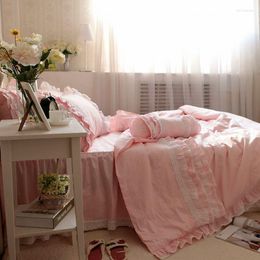 Bedding Sets Pink Princess Bedspreas Set Korean Luxury Wedding Solid Colour Lace Ruffle Duvet Cover Bedskirt Pillowcases Cotton