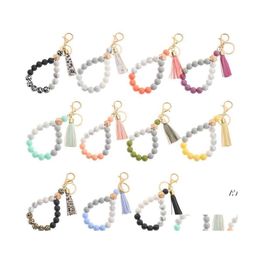 Party Favor Sile Key Ring Bracelet Beaded Wrislet Keychain Portable Keys Holder Tassel Chain Wooden Wristlet Bangle Keyrings Pab1477 Otpx2