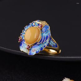 Cluster Rings FNJ Enamelling Peacock Amber Ring 925 Silver Adjustable Size Original Real S925 Solid For Women Jewellery