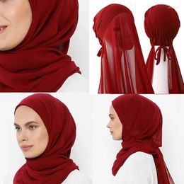 Ethnic Clothing 2022 Ramadan Muslim Fashion Women Chiffon Hijab With Cap Instant Hijabs Bonnet Ready To Wear Headscarf Turban Hat Headwrap