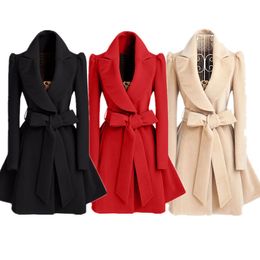 Winter 2023 Autumn Women's Jackets Wool Sashes Trench Lapel Neck Pocket Fashion Long Slim Woman's Coats C10 garment