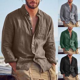 Men's Casual Shirts Spring Summer Men Cotton Linen Cardigan Long Sleeve Solid Turn-down Collar Hawaiian Shirt Vintage Tops Blouses