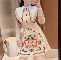 Women's stand collar embroidery flower lace patched long sleeve tweed Woollen cupid pattern dress SML