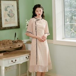 Ethnic Clothing Summer Art Wave Point Lace Small Collar Improved Cheongsam Skirt Girl Chiffon Dress