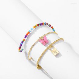 Anklets Womens Beach Metal Lock Pendant Female Butterfly Anklet Colourful Beads Foot Chain Ankle Bracelet Barefoot Jewellery