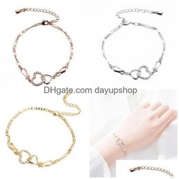 Anklets Women Summer Beach Feet Jewellery Gold Sier Rose Adjustable Cz Double Hearts Anklet Chain Bracelet For Wedding Party 295 W2 Dr Dhij3